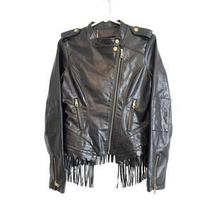 Steve Madden cropped black faux leather moto jacket fringe pockets logo medium